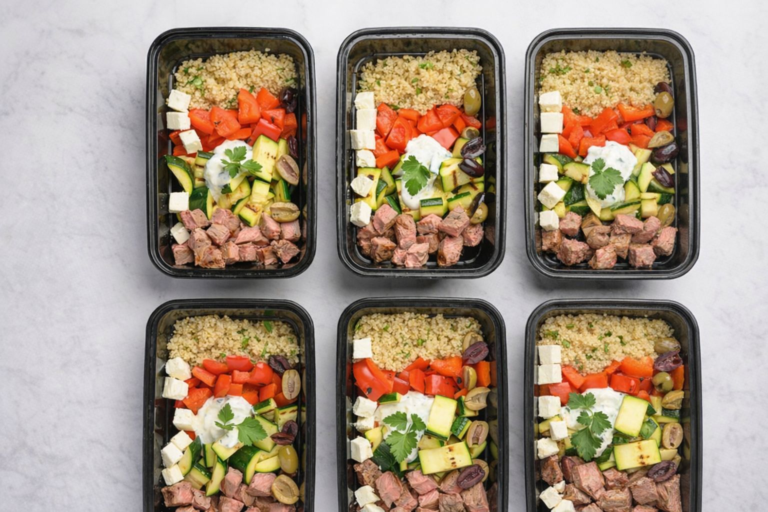 Sex matlådor med kött, grönsaker, quinoa och dressing.